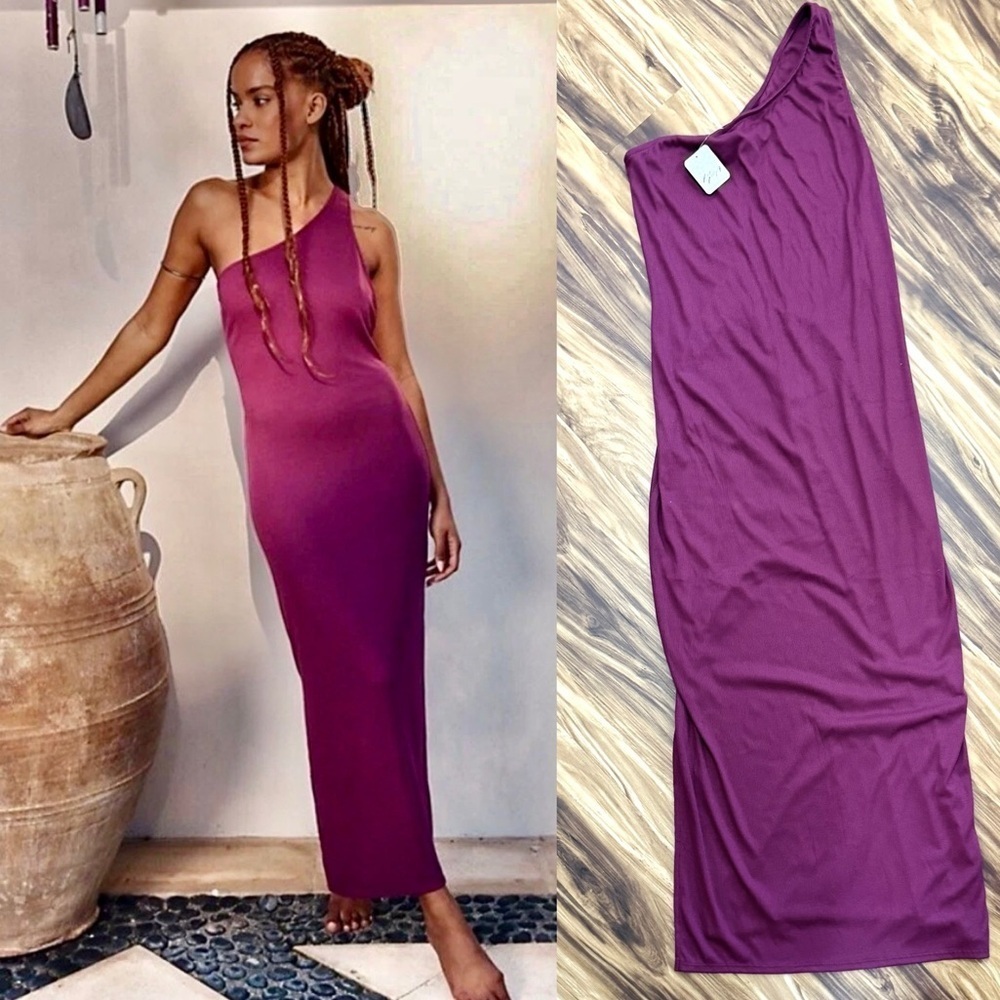 New Free People Saturday Night Cotton Ribbed One-Shoulder Dress - Picture 1 of 5